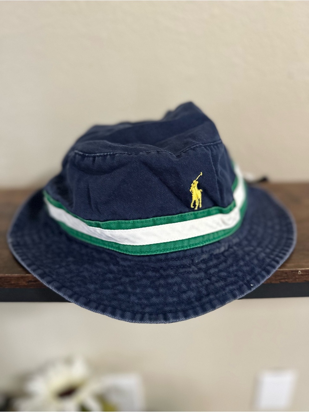 Polo by Ralph Lauren Navy Bucket Hat with Green, White Stripes and Yellow Logo